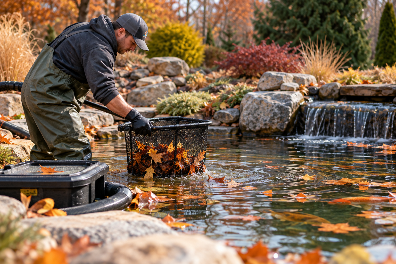 Autumn pond closing service clearing leaves from a backyard water feature