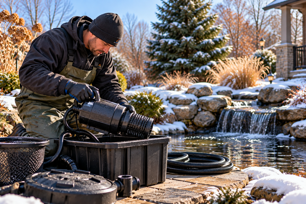Fountain technician in winter clothes holding a filtering tool against a snowy backyard pond background