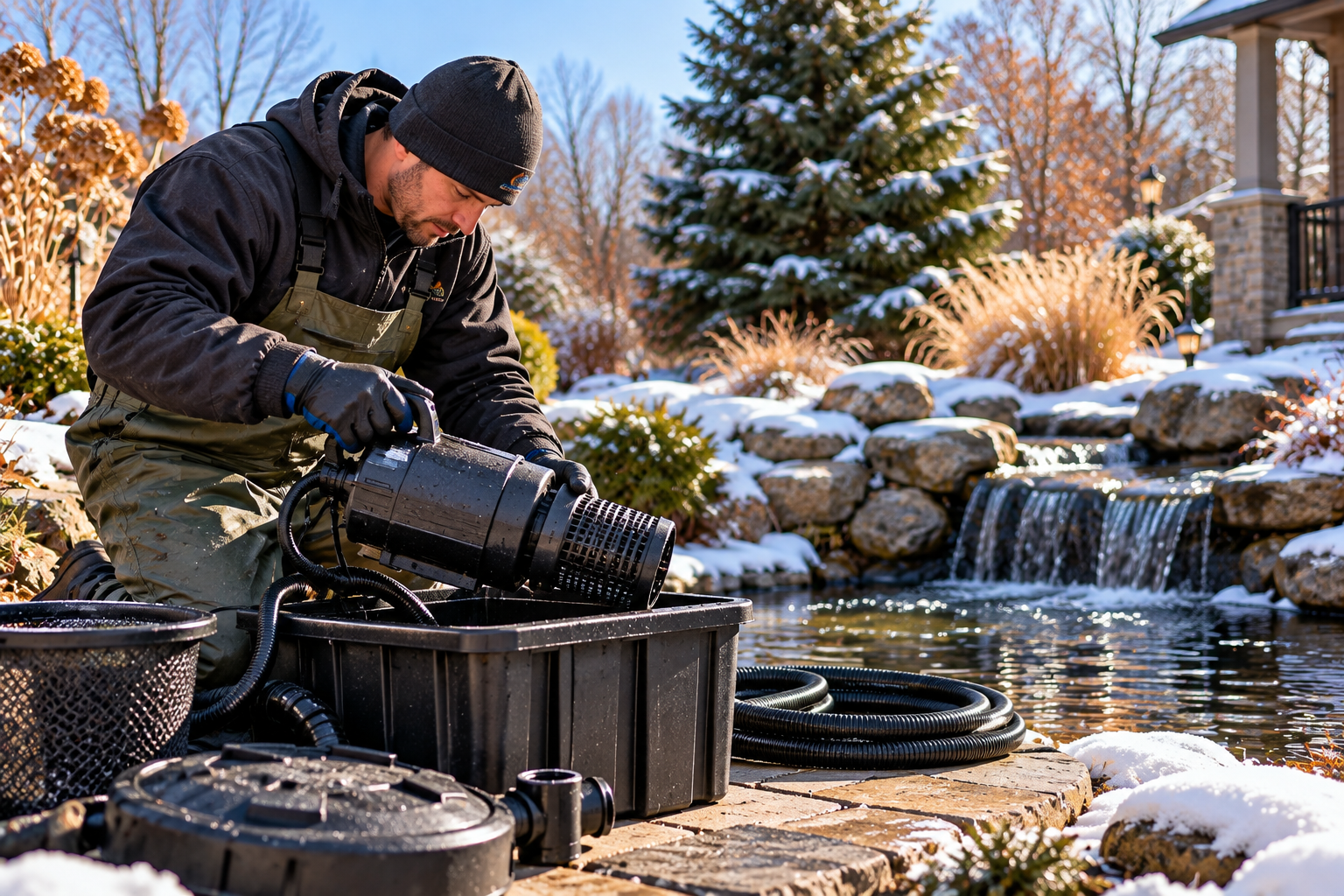 Winterization maintenance for outdoor pond pumps and equipment